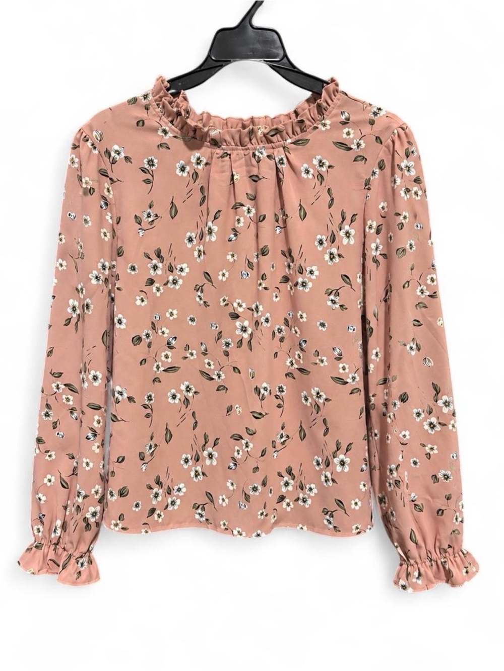SHEIN Women’s Dusty Pink Floral Ruffle Neck Long Sleeve Blouse Size Medium